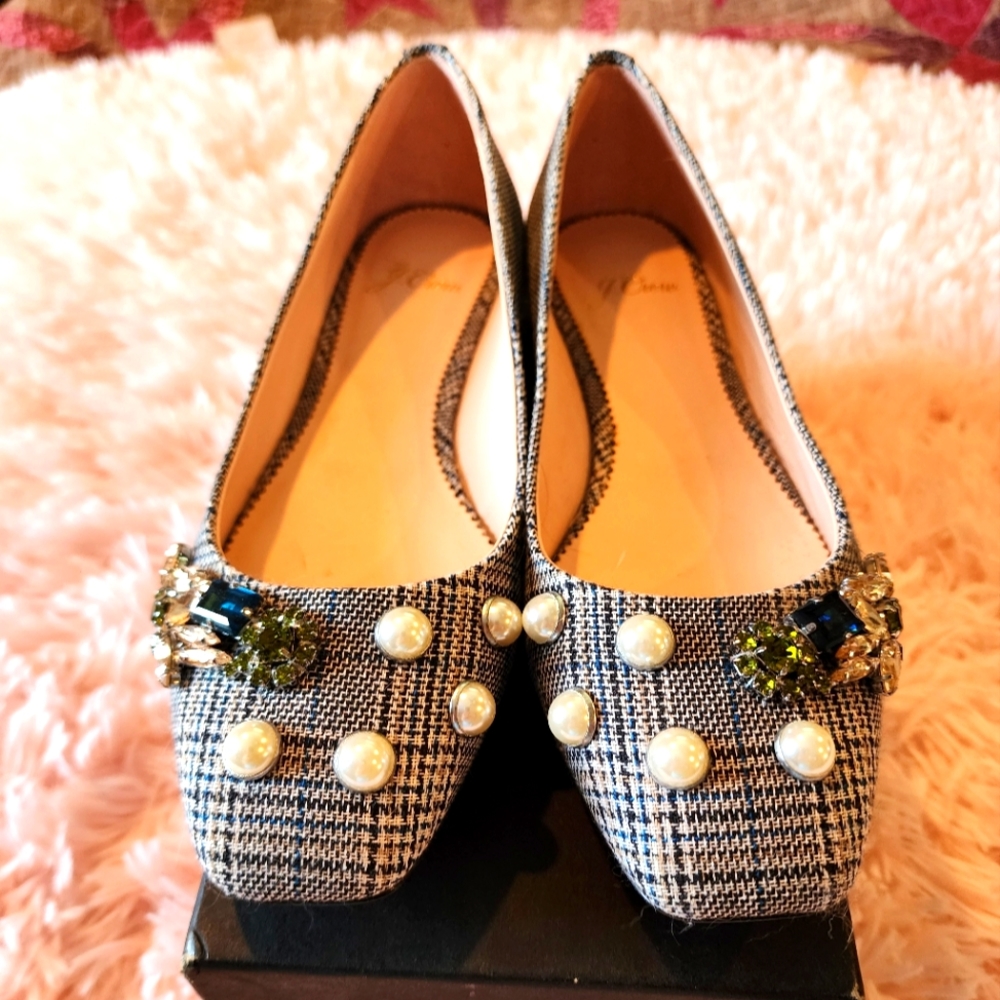J Crew ballet flat shoes jeweled. Pearls in glenplaid